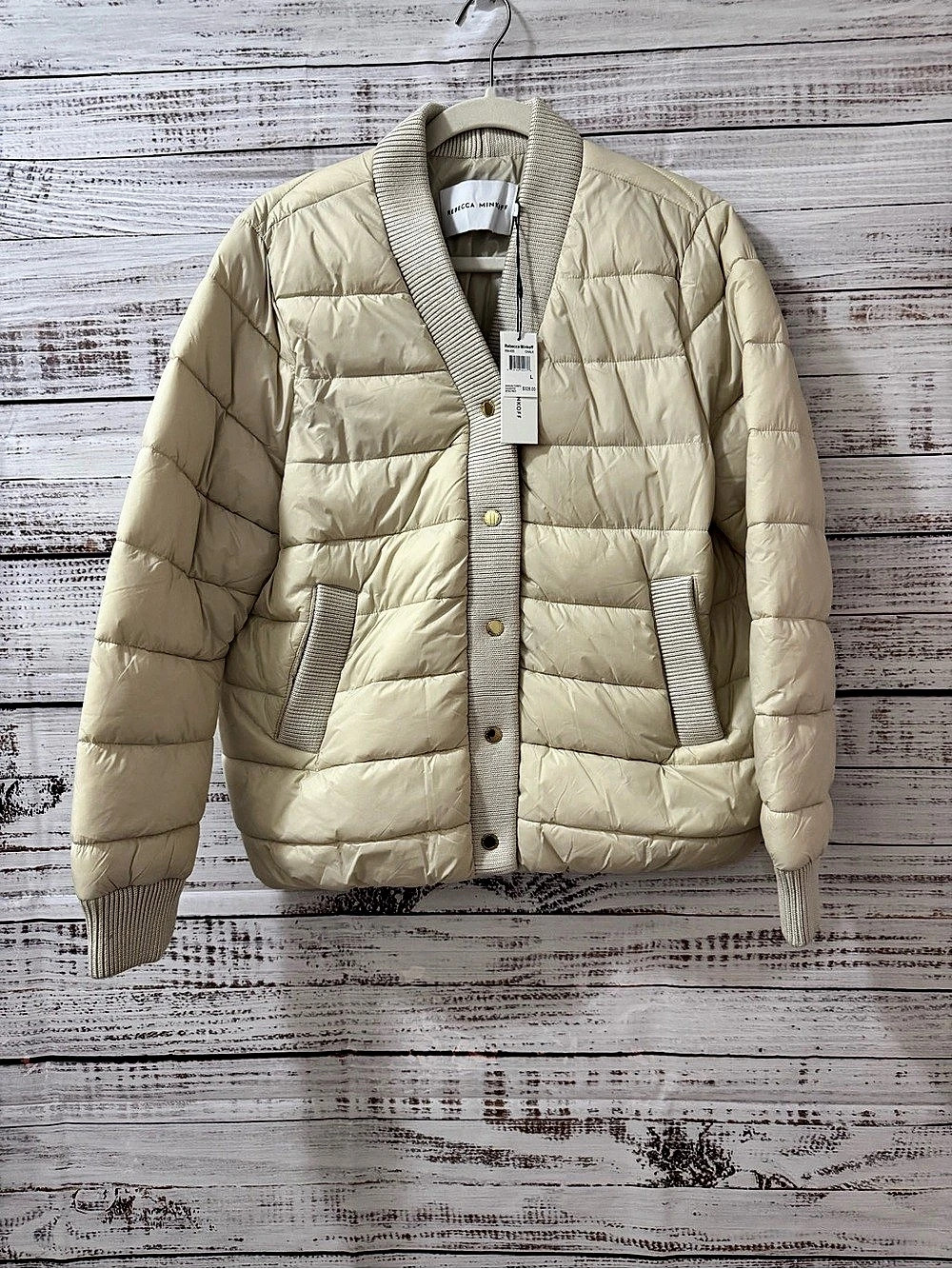 Rebecca Minkoff Water Resistant Ribbed Trim Puffer Jacket Cream Large